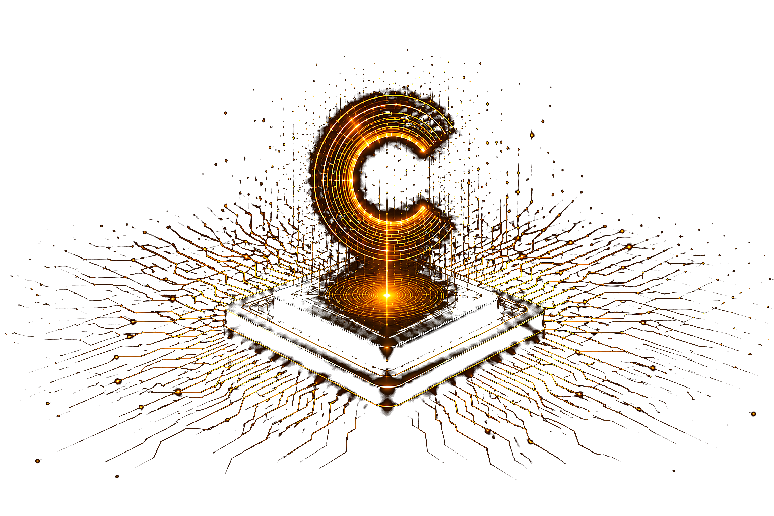 Símbolo Cognitivon: letra C holográfica sobre plataforma com circuitos em âmbar